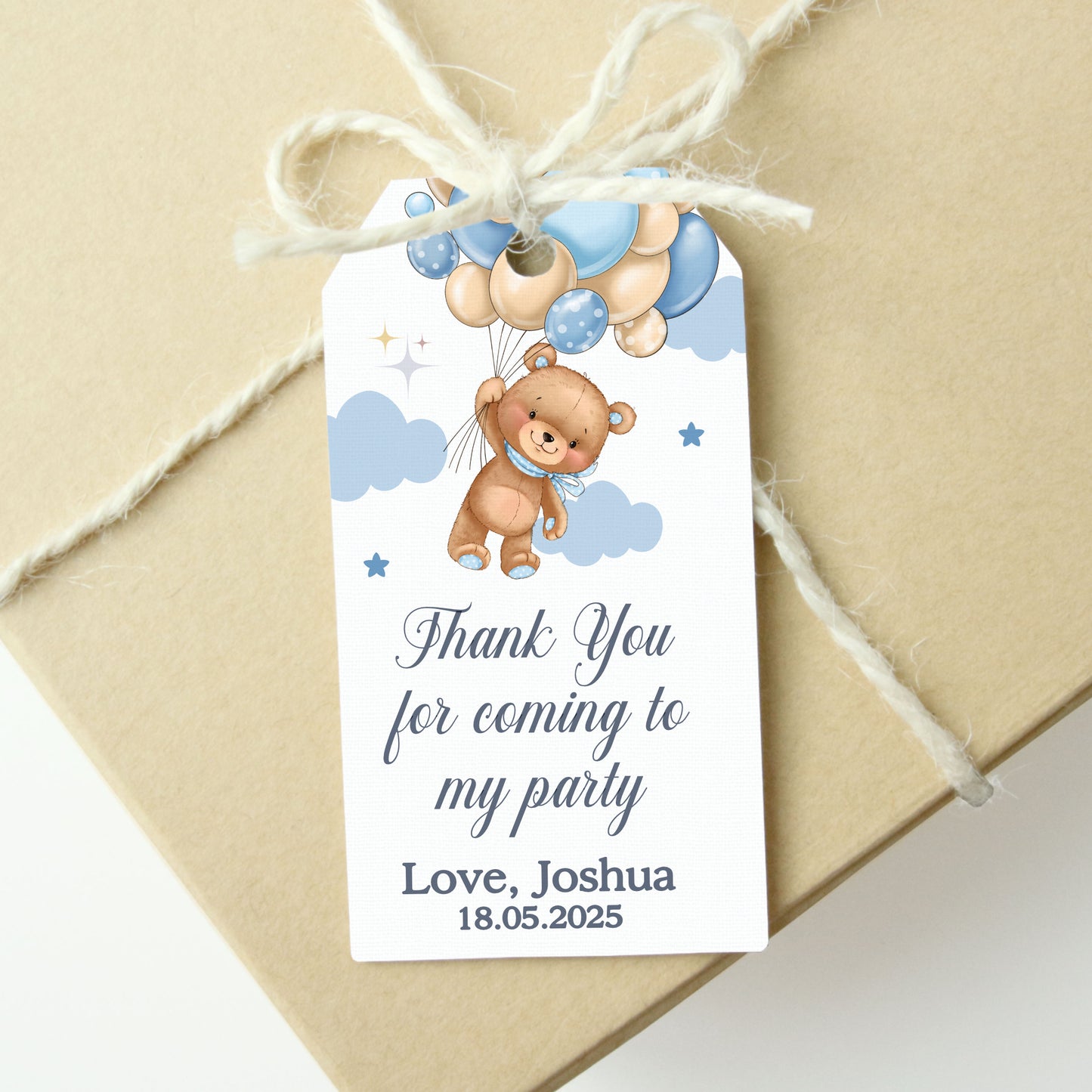 PERSONALISED PK10 TEDDY BEAR BLUE BALLOONS BIRTHDAY TAGS T024
