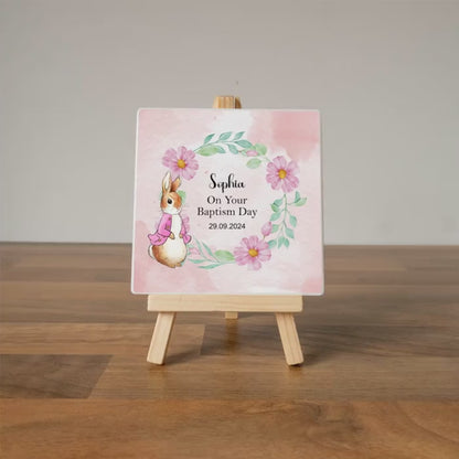 CUSTOM FLOPSY BUNNY CHRISTENING PLAQUE  WITH EASEL