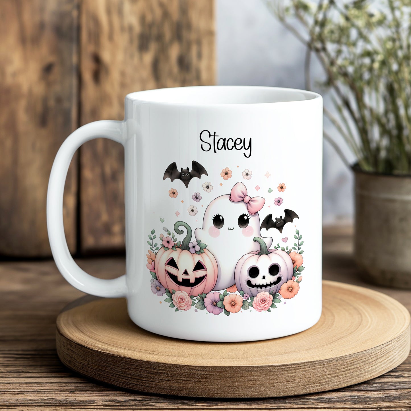 PERSONALISED CUTE GHOST MUG & COASTER SET MG078