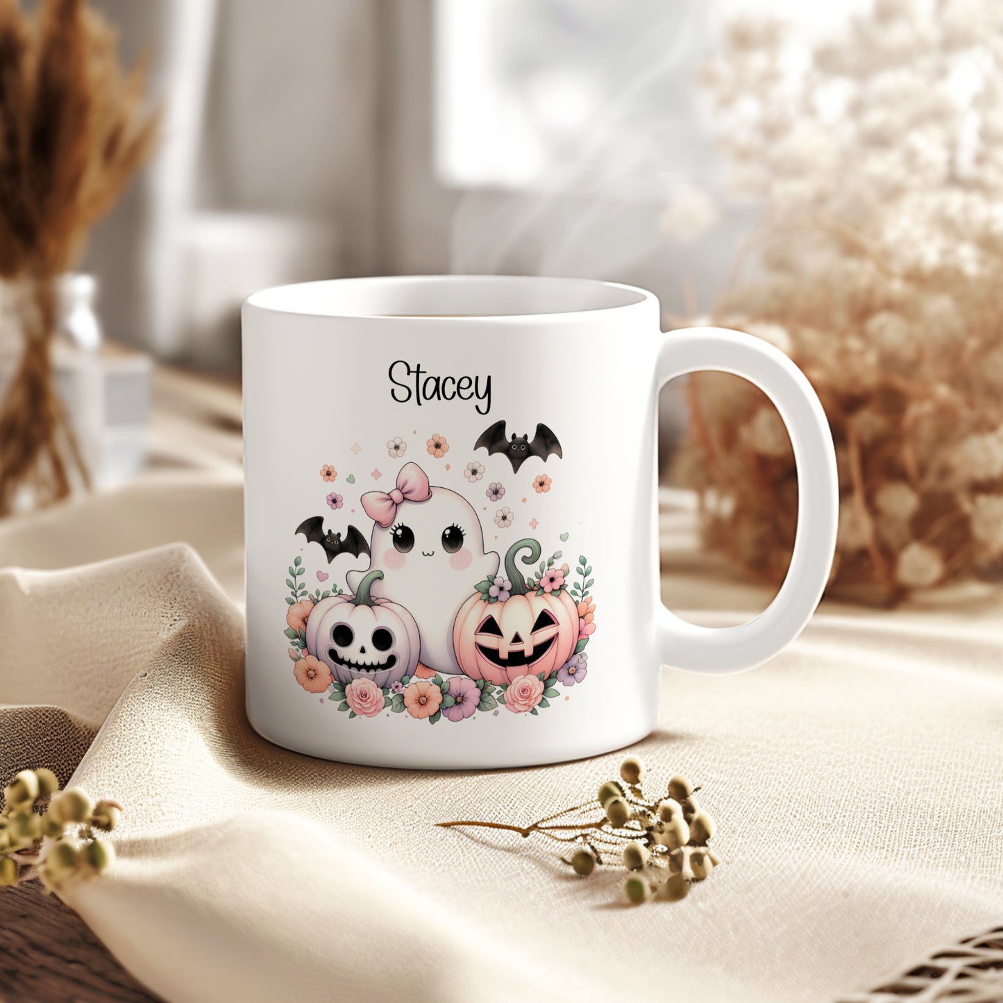 PERSONALISED CUTE GHOST MUG & COASTER SET MG078