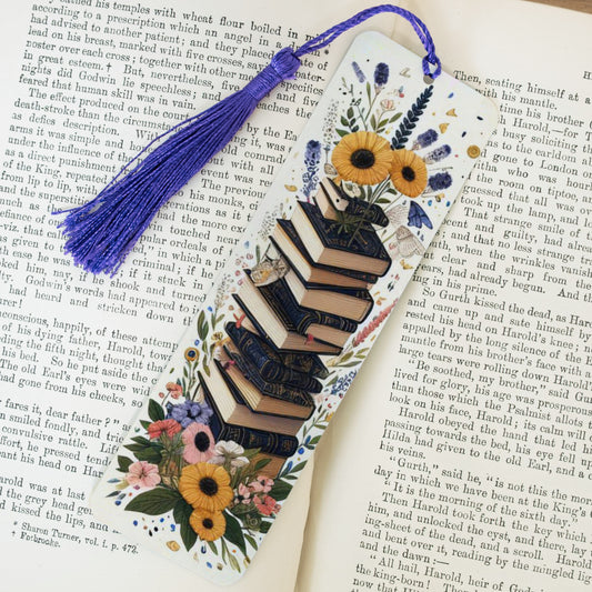 STACKED BOOKS & SUNFLOWER METAL BOOKMARK B003