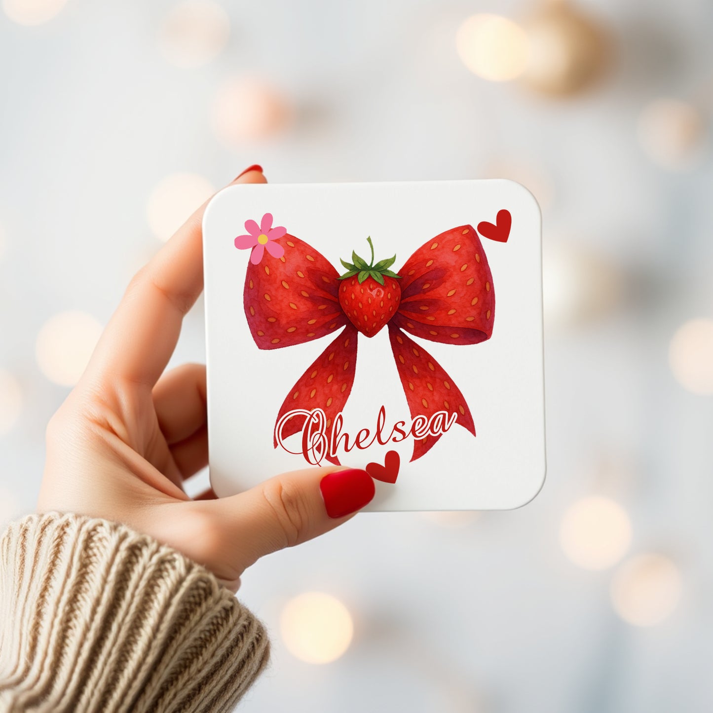 PERSONALISED STRAWBERRY BOW MUG AND COASTER SET MG143