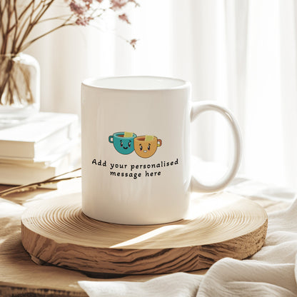 White mug with cartoon designs on a wooden coaster, surrounded by books and a vase.