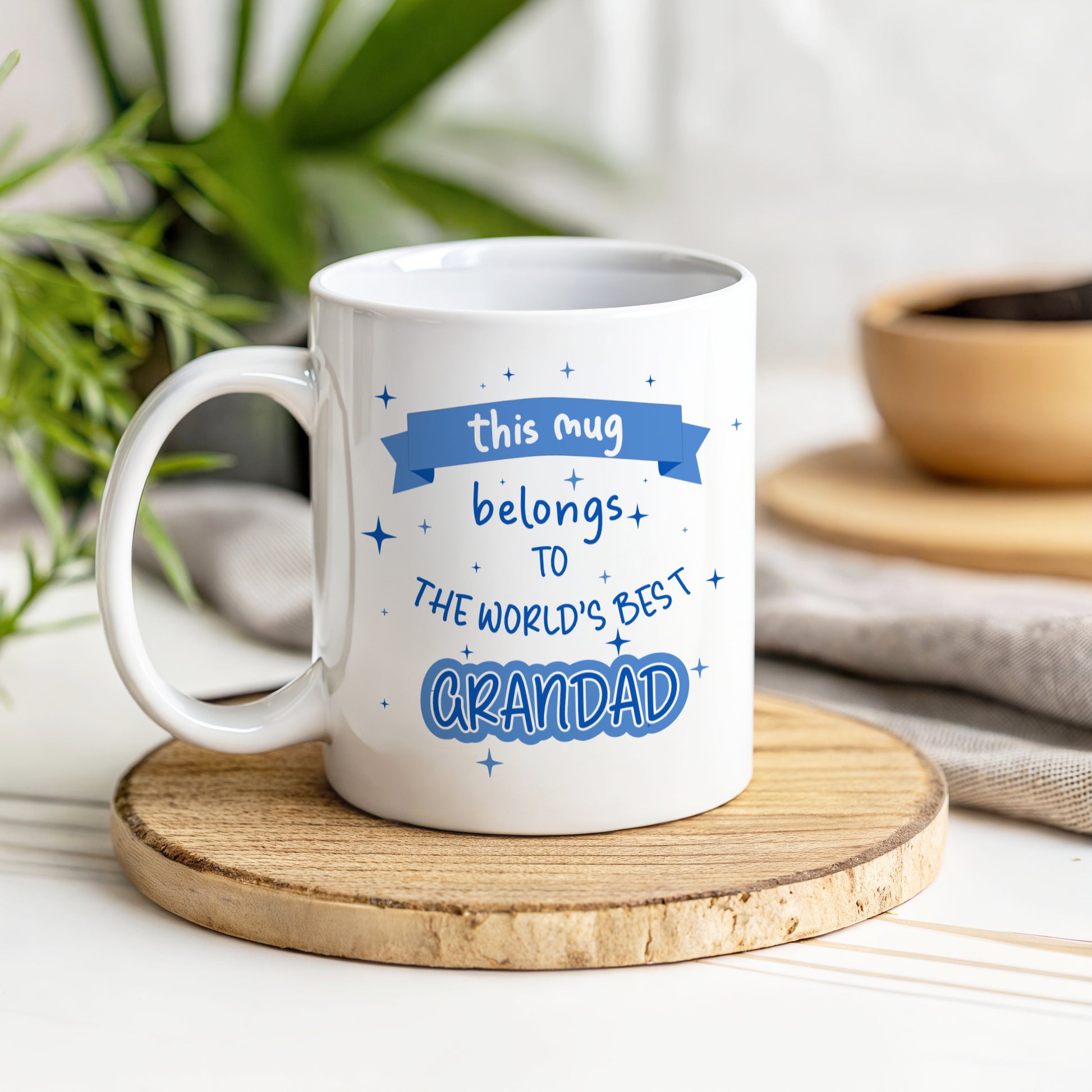 White mug with blue text 'This mug belongs to the world's best grandad' on a wooden coaster with plants in the background.