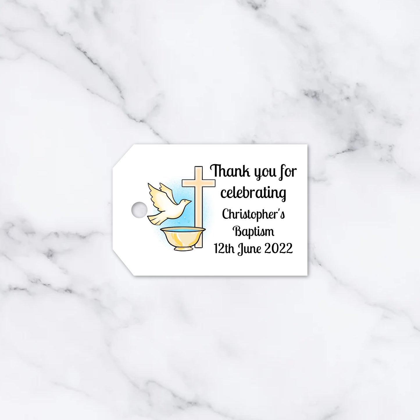 PERSONALISED DOVE CHRISTENING TAGS PK15 T029