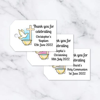 PERSONALISED DOVE CHRISTENING TAGS PK15 T029