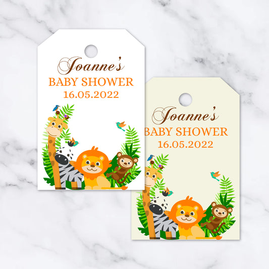 PERSONALISED CUTE JUNGLE BABY SHOWER TAGS PK 12 T005