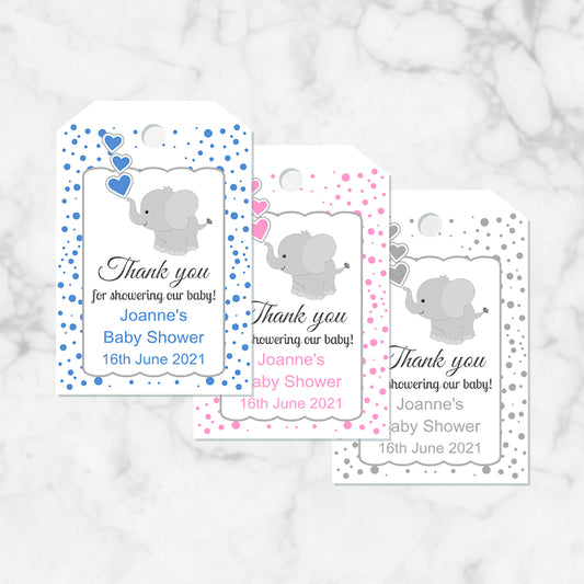 PERSONALISED ELEPHANT BABY SHOWER POLKADOT TAGS PK 12 T010