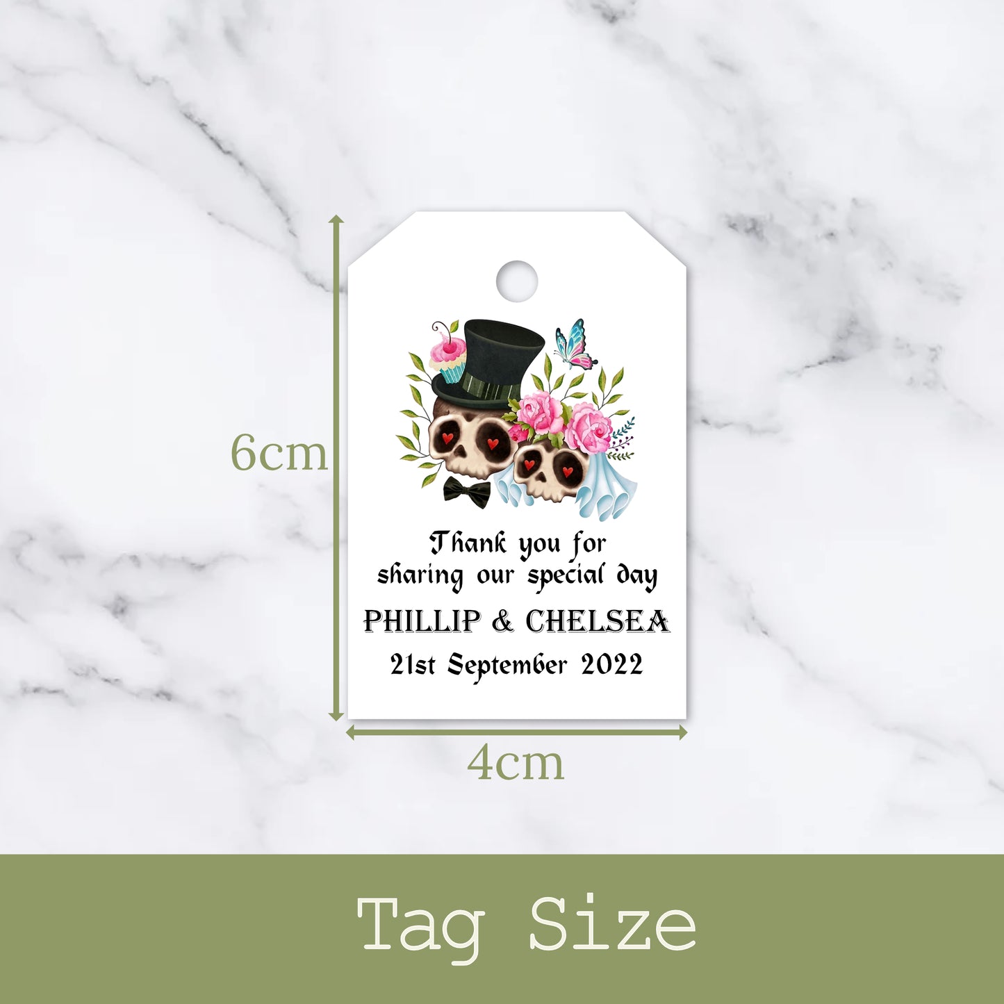 PERSONALISED GOTHIC SKULL COUPLE TAGS PK 12