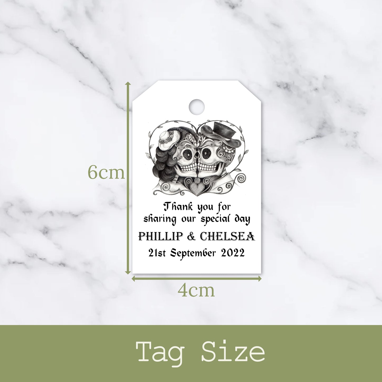 PERSONALISED GOTHIC HEART SKULL TAGS PK 12