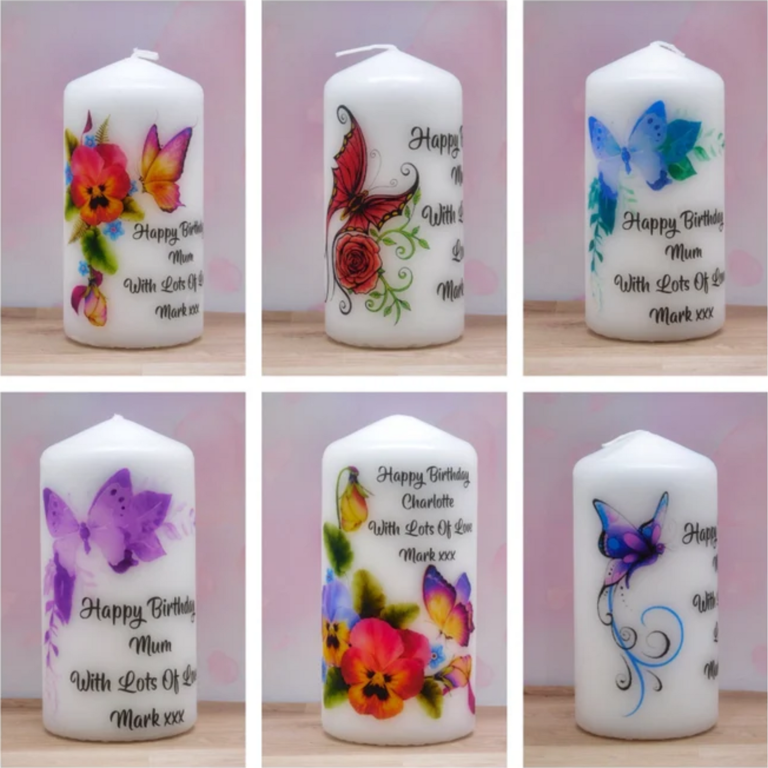 A collection of six personalised birthday candles with different butterfly designs and customisable text, each in a white organza bag.