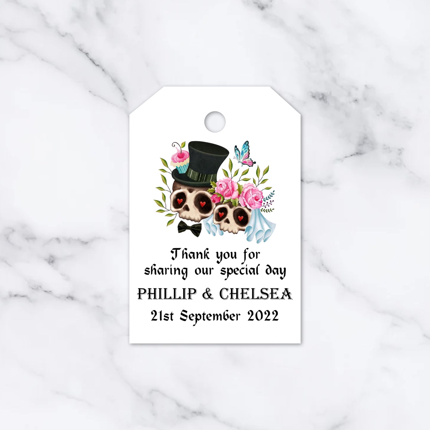 PERSONALISED GOTHIC SKULL COUPLE TAGS PK 12