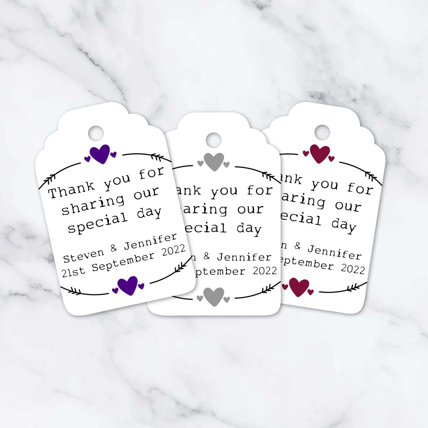 PERSONALISED PK15 HEART DESIGN WEDDING TAGS
