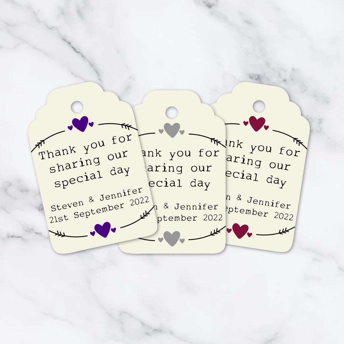 PERSONALISED PK15 HEART DESIGN WEDDING TAGS
