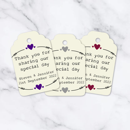 PERSONALISED PK15 HEART DESIGN WEDDING TAGS